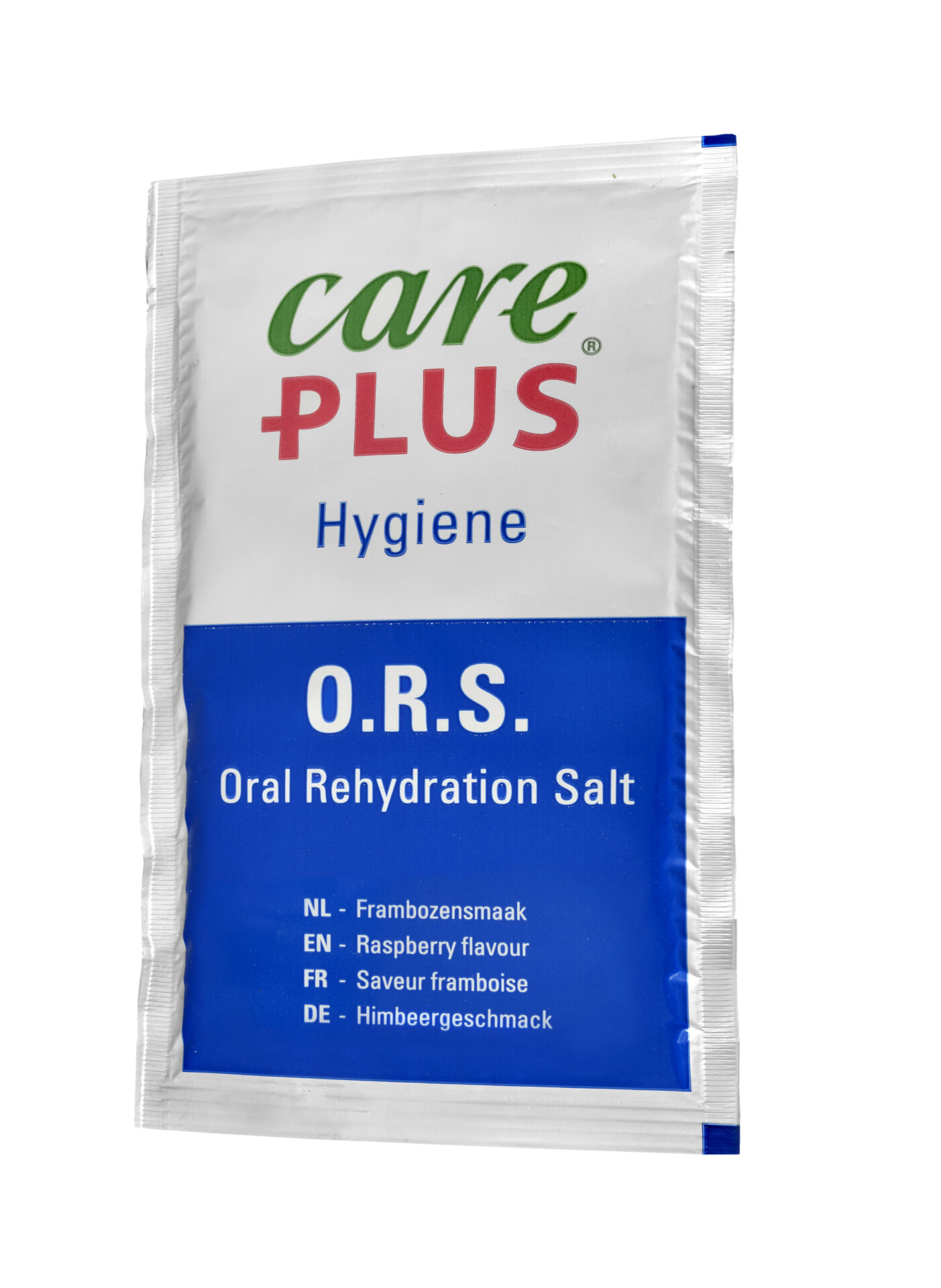 Care Plus ORS against dehydration in the flavors pomegranate and orange in handy bags.