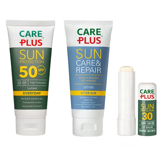 care-plus-sunscreen-product line Care Plus® sun protection packshot range. Always well-protected from the sun.