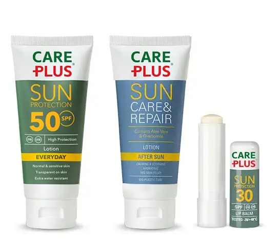 Care Plus® zonbescherming packshot range. Altijd goed beschermd tegen de zon.