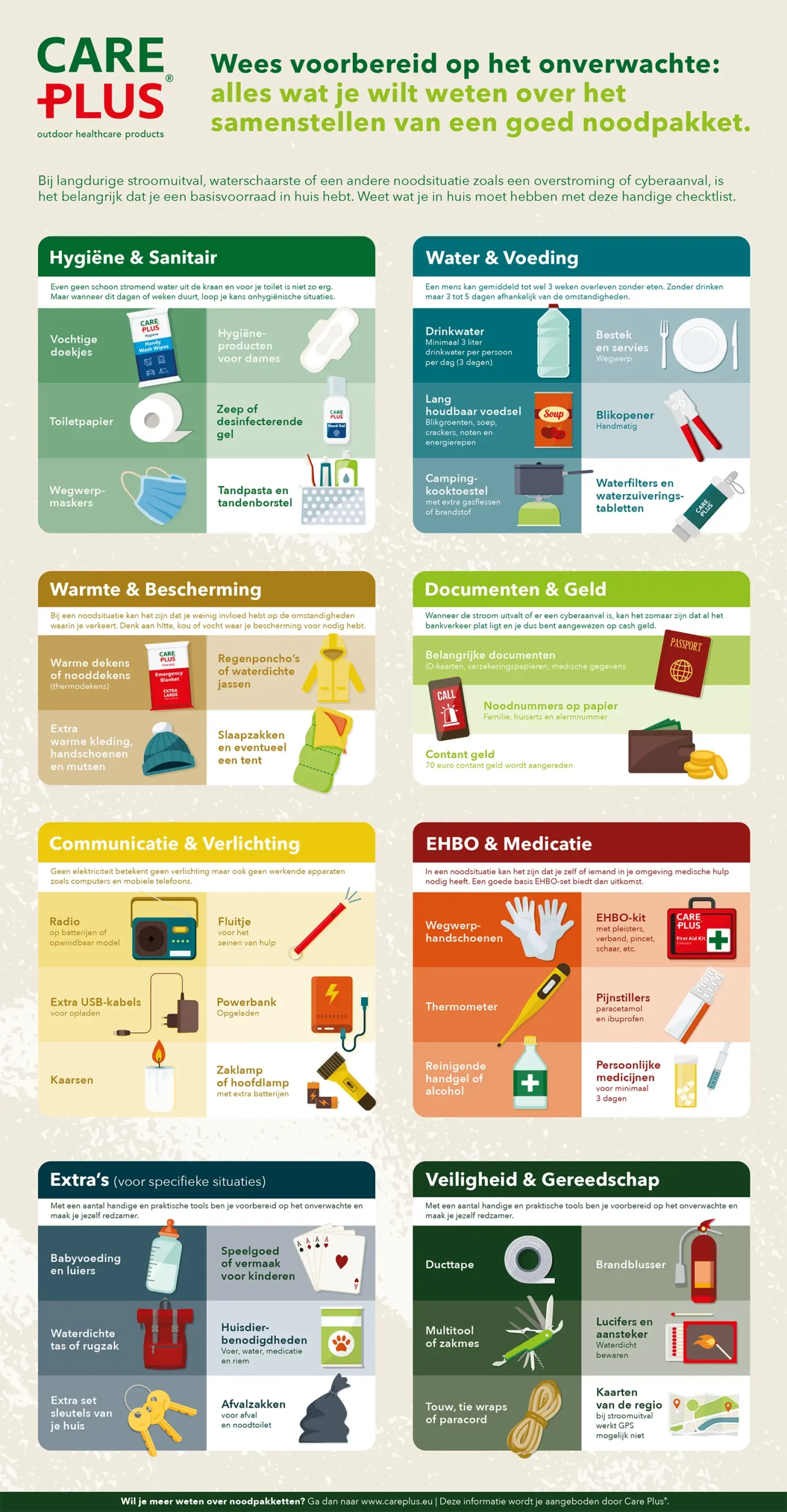 goed voorbereid en zelfredzaam bij een noodsituatie met een noodpakket. Stel zelf je noodpakket samen met deze handige checklist van Care Plus