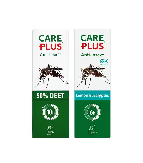 Care Plus insektsmedel med DEET och en naturlig variant baserad på citron-eukalyptus